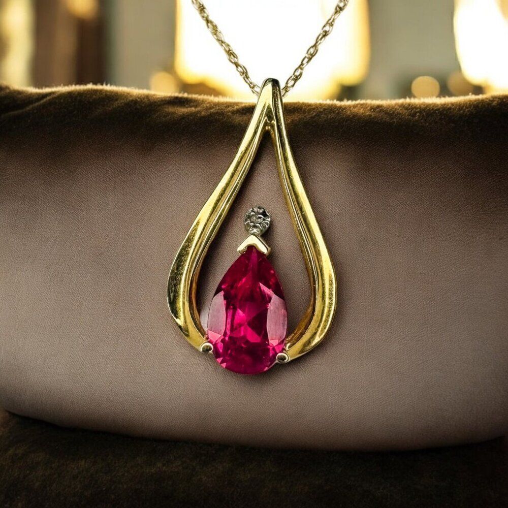 VINTAGE- 10k Gold-Ruby Diamond Necklace-18"-Pear Cut-Romantic Ruby Necklace-1.6g - Picture 6 of 16